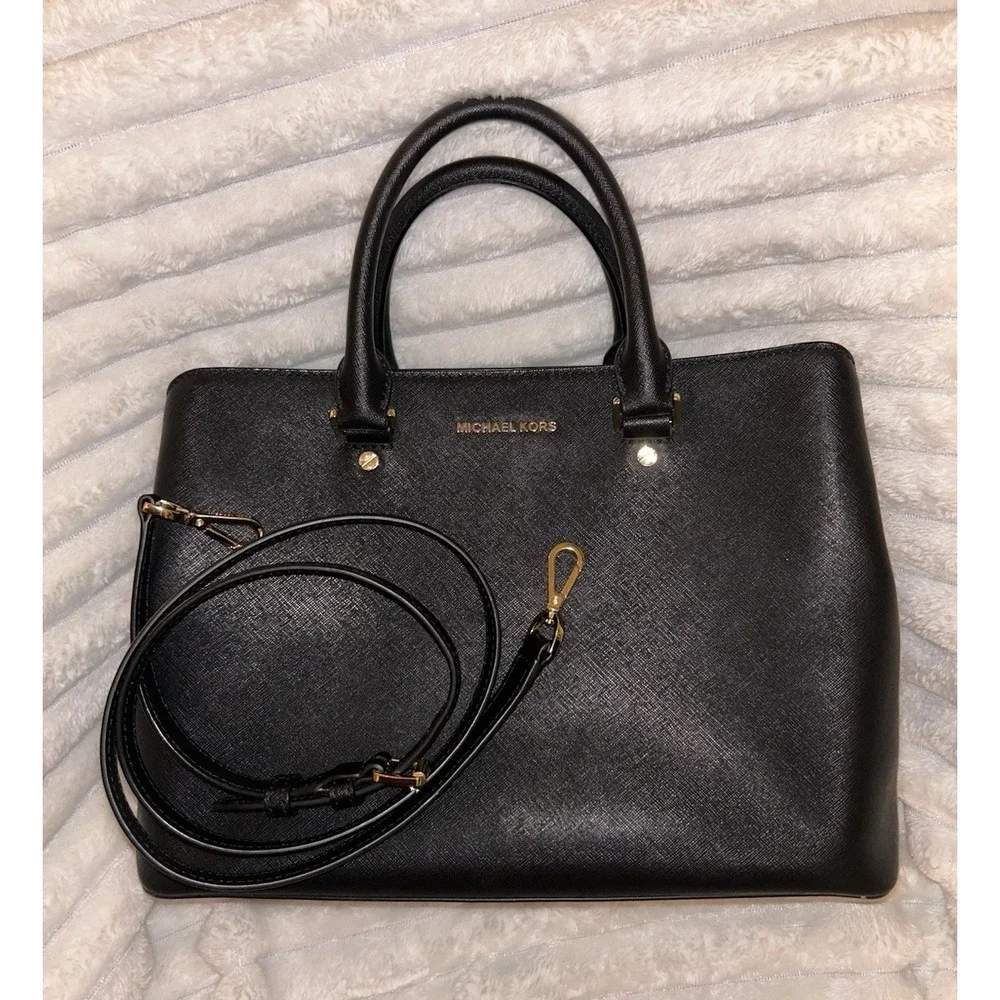 Michael Kors Savannah Large Satchel Black Saffiano Leather Gold Crossbody Bag